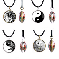 Unisex Necklace, Tibetan Style, with Waxed Linen Cord & Glass, Flat Round, plated, time gem jewelry & decal, more colors for choice, lead & cadmium free, 25mm, Length:Approx 17.5 Inch, 3Strands/Bag, Sold By Bag