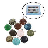 Gemstone Pendants Jewelry, with Tibetan Style, Flat Round, 130x100x18mm, 20x24x6mm, Hole:Approx 2mm, 12PCs/Box, Sold By Box