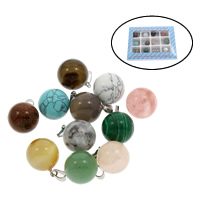 Gemstone Pendants Jewelry, with Tibetan Style, Round, Random Color, 130x100x18mm, 14x28mm, Hole:Approx 2mm, 12PCs/Box, Sold By Box