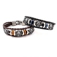 Unisex Bracelet, Cowhide, with Wood & Tibetan Style, Skull, plated, braided bracelet & 3-strand, more colors for choice, nickel, lead & cadmium free, 6mm, Sold Per Approx 8.2 Inch Strand