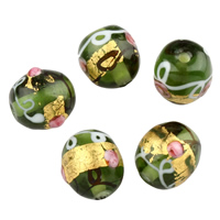 Perles de Murano feuille d'or, chalumeau, Rond, fait à la main, 14x13mm, Trou:Environ 1.5mm, Vendu par PC