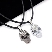Unisex Necklace Cowhide with Stainless Steel with 1.9lnch extender chain Skull plated with rhinestone nickel lead & cadmium free Sold Per Approx 17.3 Inch Strand