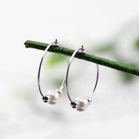 Messing Hoop Earring, med ABS plastik perle, ægte sølv forgyldt, nikkel, bly & cadmium fri, 19mm, Solgt af par