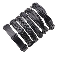 PU Leather Bracelet Set with Waxed Nylon Cord & Cowhide adjustable & for man black Length Approx 7-7.8 Inch Sold By Set