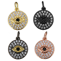 Evil Eye Pendants, Brass, Flat Round, plated, evil eye pattern & micro pave cubic zirconia, more colors for choice, 12x14x2.50mm, Hole:Approx 3mm, 10PCs/Lot, Sold By Lot