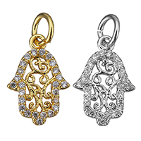 Cubic Zirconia Micro Pave Brass Pendant, Hamsa, plated, micro pave cubic zirconia & hollow, more colors for choice, 9x14x2mm, Hole:Approx 3mm, 20PCs/Lot, Sold By Lot