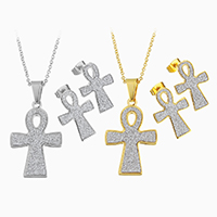Fashion Stainless Steel Jewelry Sets earring & necklace with 2Inch extender chain Ankh Cross plated oval chain & for woman & stardust 1.5mm Length Approx 18 Inch Sold By Lot