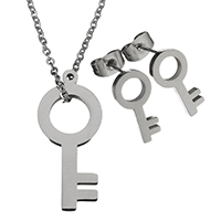 Fashion Stainless Steel Jewelry Sets, earring & necklace, with 2Inch extender chain, Key, oval chain & for woman, original color, 12x28mm, 1.5mm, 7x15mm, Length:Approx 18 Inch, 10Sets/Lot, Sold By Lot