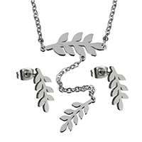 Fashion Stainless Steel Jewelry Sets, earring & necklace, Leaf, oval chain & for woman, original color, 25x11mm, 6x17mm, 1.5mm, 6x15mm, Length:Approx 18 Inch, 10Sets/Lot, Sold By Lot