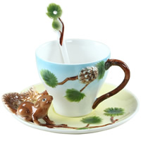 Service à thé, porcelaine, Soucoupe & cuillère & tasse à thé, écureuil, 83x70mm, 160mm, 135mm, Vendu par fixé