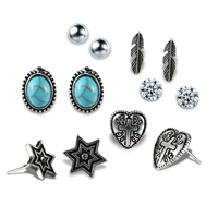 Tibetan Style Stud Earring Set, earring, with Turquoise & Crystal, stainless steel post pin, antique silver color plated, faceted & with rhinestone, lead & cadmium free, 5mm-12mm, Sold By Set