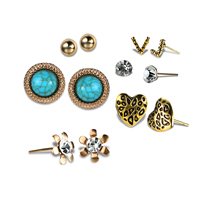 Tibetan Style Stud Earring Set, earring, with Turquoise & Crystal, stainless steel post pin, plated, faceted, lead & cadmium free, 6mm-16mm, Sold By Set
