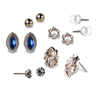 Tibetan Style Stud Earring Set, earring, with ABS Plastic Pearl & Crystal, stainless steel post pin, plated, faceted, lead & cadmium free, 6mm-14mm, Sold By Set