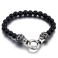 Stainless Steel Jewelry Bracelet, Glass, with Stainless Steel, Skull, beaded bracelet & for man & with rhinestone & blacken, 18x13mm, 8mm, Sold Per Approx 8.5 Inch Strand