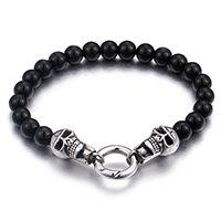 Stainless Steel Jewelry Bracelet, Glass, with Stainless Steel, Skull, beaded bracelet & for man & blacken, 19x12mm, 8mm, Sold Per Approx 8.5 Inch Strand