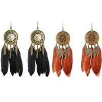 Fashion Feather Earring, Tibetan Style, with Feather, brass earring hook, antique brass color plated, Bohemian style & for woman, more colors for choice, nickel, lead & cadmium free, 42x121mm, Sold By Pair