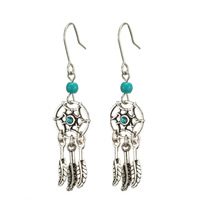 Turquoise Earring, Tibetan Style, brass earring hook, antique silver color plated, for woman & with rhinestone, nickel, lead & cadmium free, 13x50mm, Sold By Pair