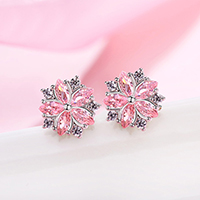 Brass Stud Earring Flower platinum color plated for woman & with rhinestone Sold By Pair