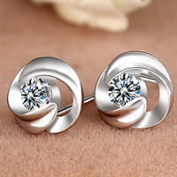 Brass Stud Earring, Flower, silver color plated, with cubic zirconia, nickel, lead & cadmium free, 8x8mm, Sold By Pair