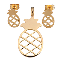 Fashion Stainless Steel Jewelry Sets, pendant & earring, with 2Inch extender chain, Pineapple, gold color plated, for woman & hollow, 16x34mm, 8x13.5mm, Hole:Approx 5mm, Sold By Set