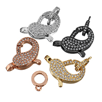 Brass Lobster Clasp, plated, with connector bar & micro pave cubic zirconia, more colors for choice, 14.5x20x5.5mm, 1.5x10x7.5mm, Hole:Approx 2.7x3.4mm, 1.3mm, 5PCs/Lot, Sold By Lot