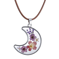 Floating Locket Necklace, Tibetan Style, with Waxed Linen Cord & Dried Flower & Glass, with 5cm extender chain, Moon, platinum color plated, for woman, lead & cadmium free, 36x28mm, Sold Per Approx 18 Inch Strand
