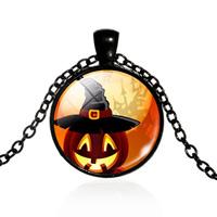 Halloween halskæde, Zinc Alloy, med jern kæde & Glas, Flad Rund, forgyldt, tid perle smykker & Halloween smykker gave & oval kæde & for kvinde, flere farver til valg, bly & cadmium fri, 25mm, Solgt Per Ca. 17.5 inch Strand