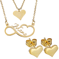 Fashion Stainless Steel Jewelry Sets earring & necklace Heart gold color plated oval chain & with letter pattern & for woman & 1mm Length Approx 18 Inch Sold By Set