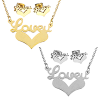 Fashion Stainless Steel Jewelry Sets, earring & necklace, Heart, word love, plated, oval chain & for woman, more colors for choice, 30x22mm, 1mm, 14x9mm, Length:Approx 18 Inch, Sold By Set