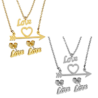 Fashion Stainless Steel Jewelry Sets, earring & necklace, Heart, word love, plated, oval chain & for woman & 2-strand & hollow, more colors for choice, 29.5x12mm, 1mm, 10x5mm, Length:Approx 18 Inch, Sold By Set
