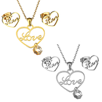 Crystal Jewelry Sets, earring & necklace, Stainless Steel, with Crystal, Heart, word love, plated, oval chain & for woman & hollow, more colors for choice, 23x29mm, 1mm, 12x9mm, Length:Approx 18 Inch, Sold By Set
