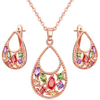 Brass Jewelry Set earring & necklace with 1.9inch extender chain Teardrop real rose gold plated oval chain & micro pave cubic zirconia & for woman nickel lead & cadmium free 23mm Length Approx 17.7 Inch Sold By Set