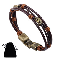Unisex Bracelet, PU Leather, with Waxed Nylon Cord & Velveteen & Tibetan Style, antique bronze color plated, Sold Per Approx 7-8.6 Inch Strand