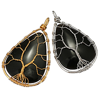 Tree Of Life Pendants Brass with Obsidian Teardrop plated 36-38x60-63x8-9mm Approx 3-4x5-7mm Sold By PC