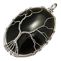 Tree Of Life Pendants Brass with Obsidian Flat Oval platinum color plated Approx 4mm Sold By PC