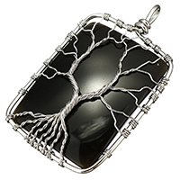 Tree Of Life Pendants, Brass, with Obsidian, Rectangle, platinum color plated, 41x65x9mm, Hole:Approx 3x7mm, 1/PC, Sold By PC