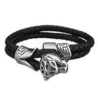 Bracelet homme, acier inoxydable, avec vachette cordon, dragon, bracelet tressé & pour homme & 2 fils & noircir, 19x16mm, 10mm, Vendu par Environ 8 pouce brin
