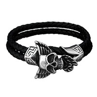 Men Bracelet, Stainless Steel, with cowhide cord, Skull, braided bracelet & for man & 2-strand & blacken, 30x25mm, 10mm, Sold Per Approx 8 Inch Strand