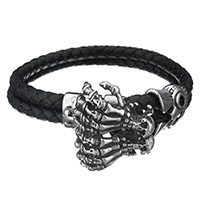 Men Bracelet, Stainless Steel, with cowhide cord, Skull, braided bracelet & for man & 2-strand & blacken, 26x28mm, 10mm, Sold Per Approx 8 Inch Strand