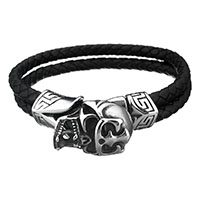 Men Bracelet, Stainless Steel, with cowhide cord, Skull, braided bracelet & for man & 2-strand & blacken, 25x18mm, 10mm, Sold Per Approx 8 Inch Strand
