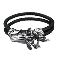 Men Bracelet, Stainless Steel, with cowhide cord, Skull, braided bracelet & for man & 2-strand & blacken, 44x24mm, 10mm, Sold Per Approx 8 Inch Strand