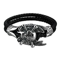 Men Bracelet, Stainless Steel, with cowhide cord, Skull, braided bracelet & for man & 2-strand & blacken, 32x22mm, 10mm, Sold Per Approx 8 Inch Strand