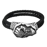Men Bracelet, Stainless Steel, with cowhide cord, Skull, braided bracelet & for man & 2-strand & blacken, 32x23mm, 10mm, Sold Per Approx 8 Inch Strand