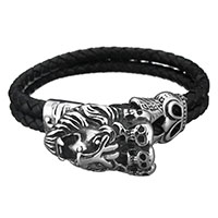 Men Bracelet, Stainless Steel, with cowhide cord, Skull, braided bracelet & for man & 2-strand & blacken, 33x20mm, 10mm, Sold Per Approx 8 Inch Strand