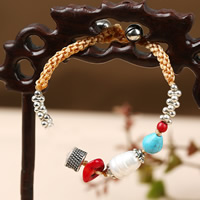 Bracelet de déclaration de mode, Ciré de coton, avec turquoise synthétique & perle de plastique & laiton, Placage, bracelet tressé & avec bell & réglable & pour femme, Vendu par Environ 7.2 pouce brin