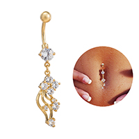 Stainless Steel Belly Ring, gold color plated, for woman & with cubic zirconia, 11x52mm, Sold By PC