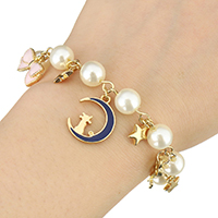 Tibetan Style Bracelet, with Plastic Pearl, with 1.5Inch extender chain, gold color plated, charm bracelet & for woman & enamel, nickel, lead & cadmium free, 15mm, 14mm, 18mm, Sold Per Approx 8 Inch Strand