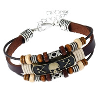 Unisex Bracelet, Tibetan Style, skull, with Waxed Linen Cord & PU Leather & Wood, with 7.5 extender chain, plated, different styles for choice & 3-strand, 7-8mm, Sold By Strand