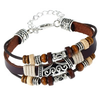 Unisex Bracelet, Tibetan Style, with Waxed Linen Cord & PU Leather & Wood, with 7.5 extender chain, plated, different styles for choice & 3-strand, 7-8mm, Sold Per Approx 6.5 Inch Strand