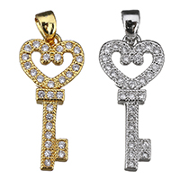 Cubic Zirconia Micro Pave Brass Pendant, Key, plated, micro pave cubic zirconia, more colors for choice, 10x21.50x4mm, Hole:Approx 2.5x3mm, 20PCs/Lot, Sold By Lot